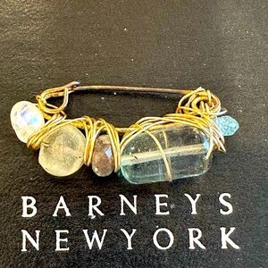 Kazuko Oshima Vintage Barneys New York Gold Brooch with Blue and Clear Stones